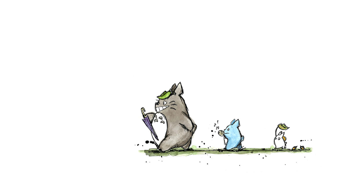 三個可愛的動畫森林生物一起在草地上行走。 — 龍貓 GIF 壁紙