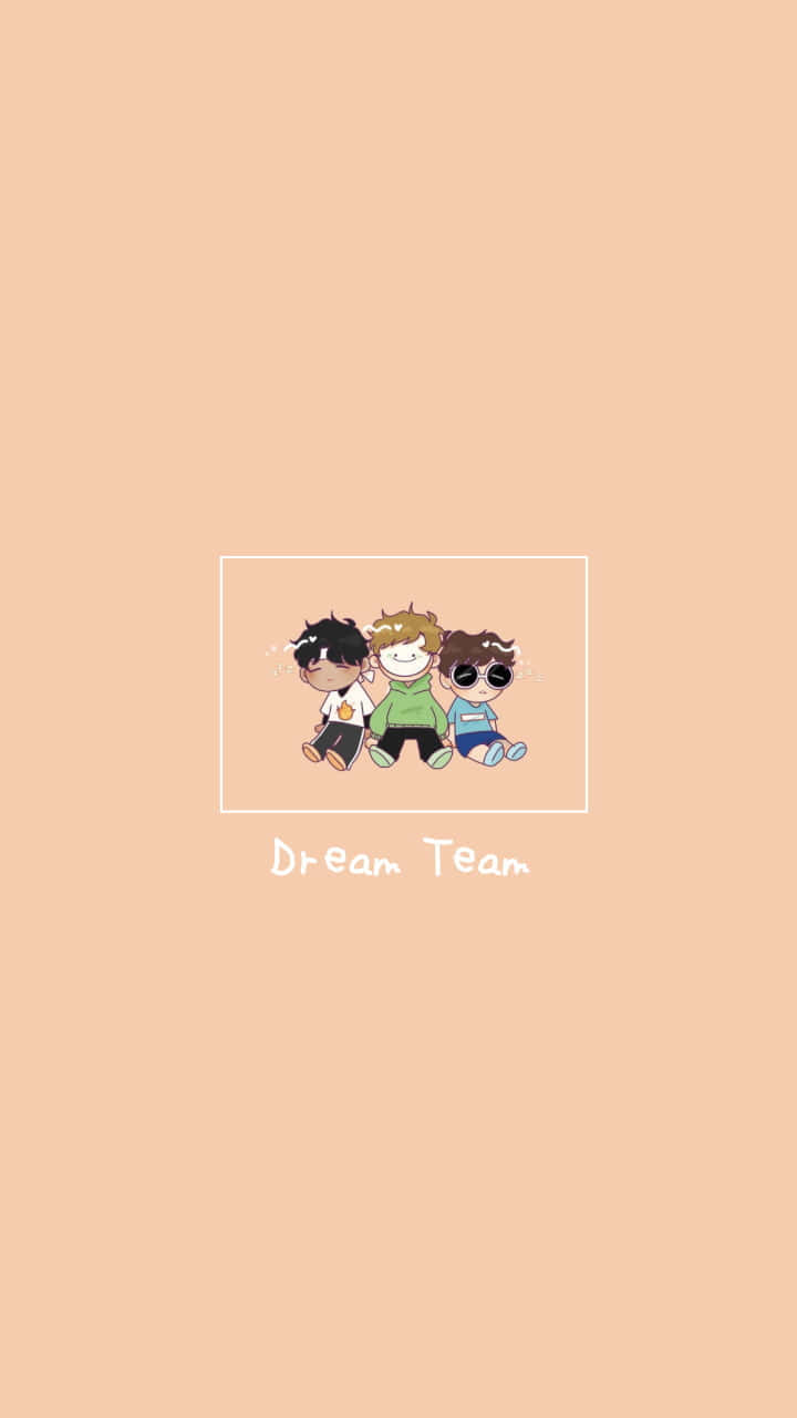 Dream Smp 桌布 壁紙 — 三個可愛動漫風格男孩在白色框架內，桃色背景，下方有「Dream Team」文字。