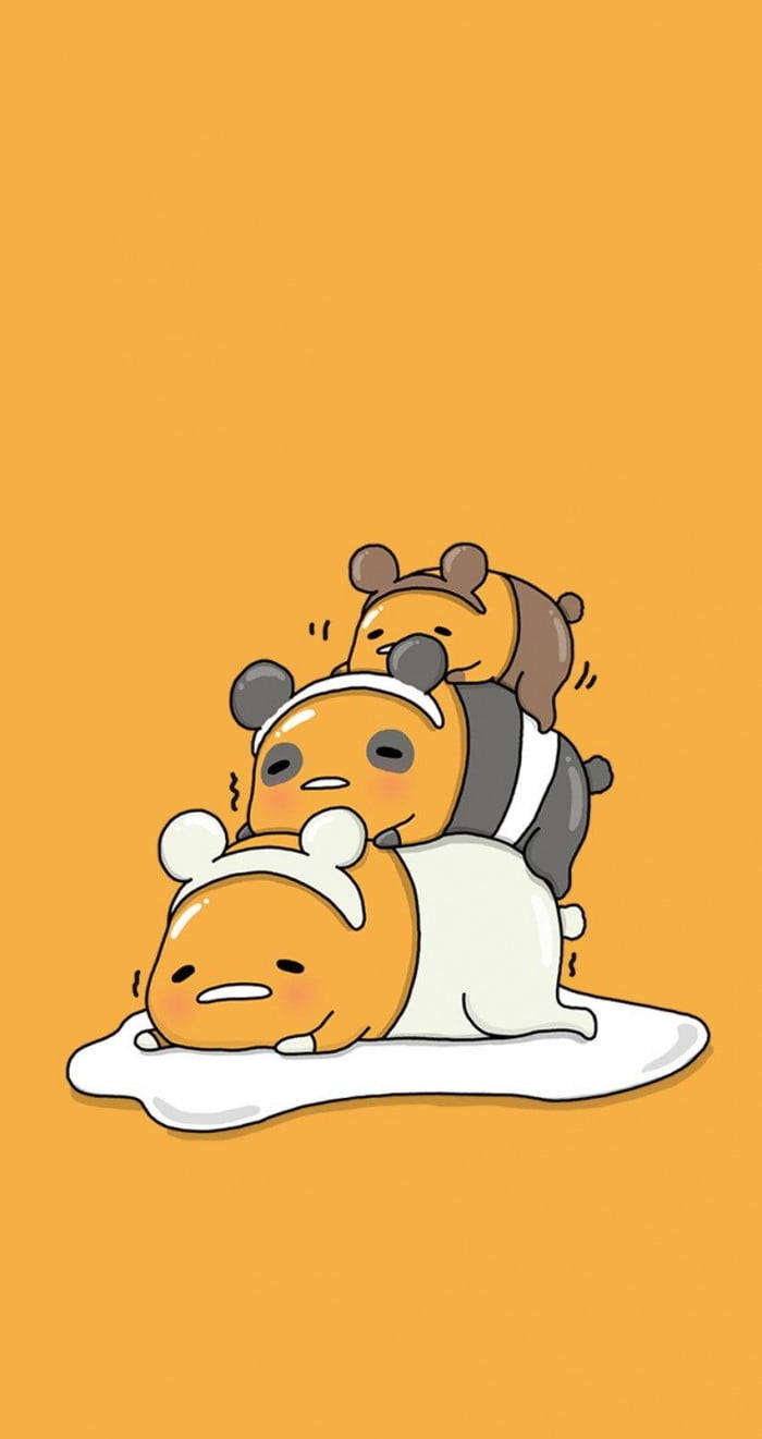 Gudetama Aesthetic 桌布 壁紙 — 三個可愛卡通角色堆疊在一個白色團塊上，背景為純橙色。