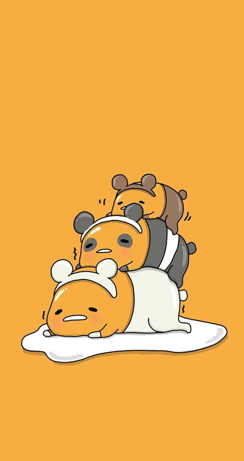  壁紙 — 三個可愛卡通角色堆疊在白色團塊上，背景為純橙色。