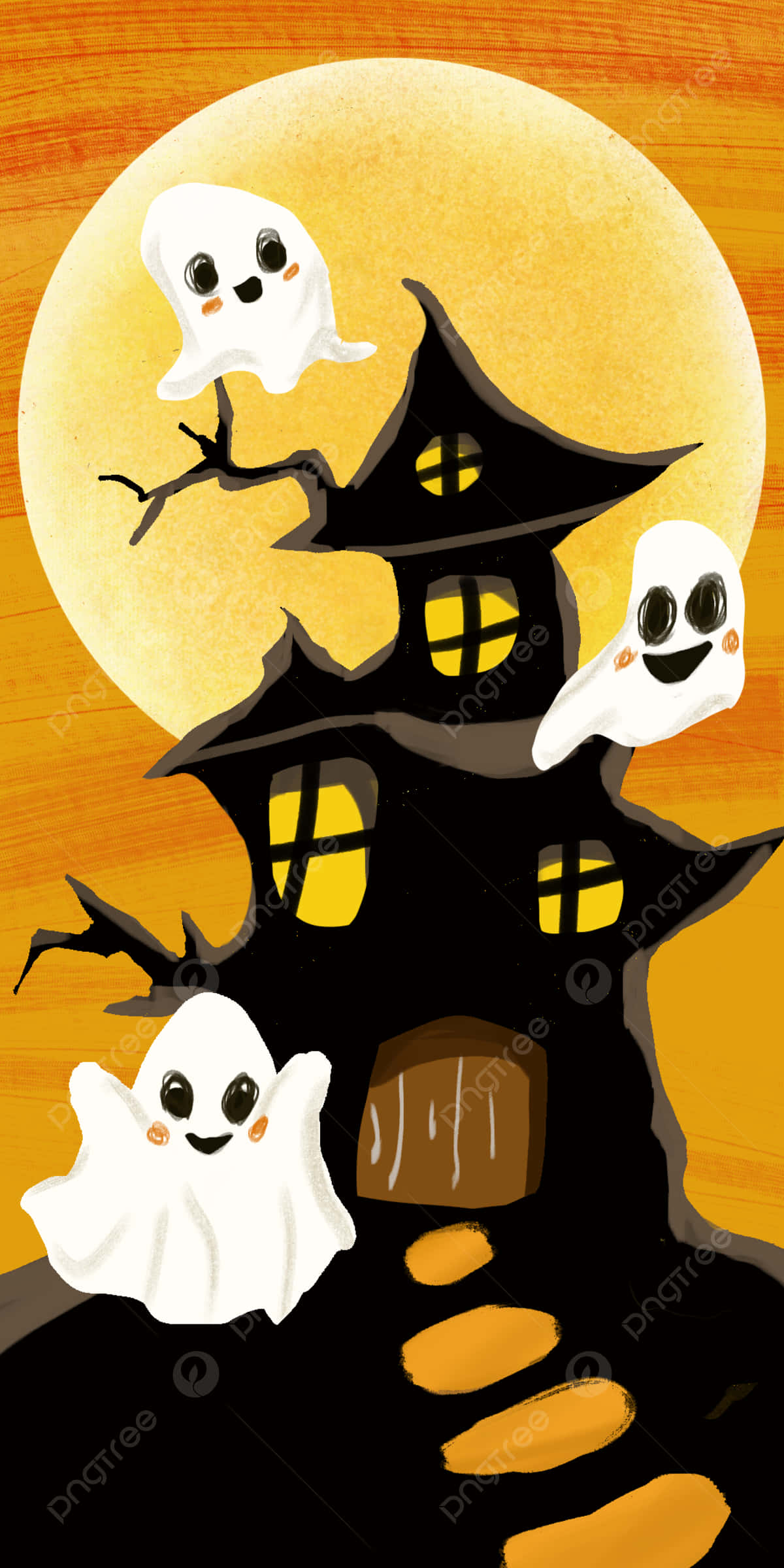 Cute Ghost 桌布 壁紙 — 三個可愛微笑的鬼魂在發光的橙色滿月下漂浮在一個陰森的黑色的鬼屋周圍。