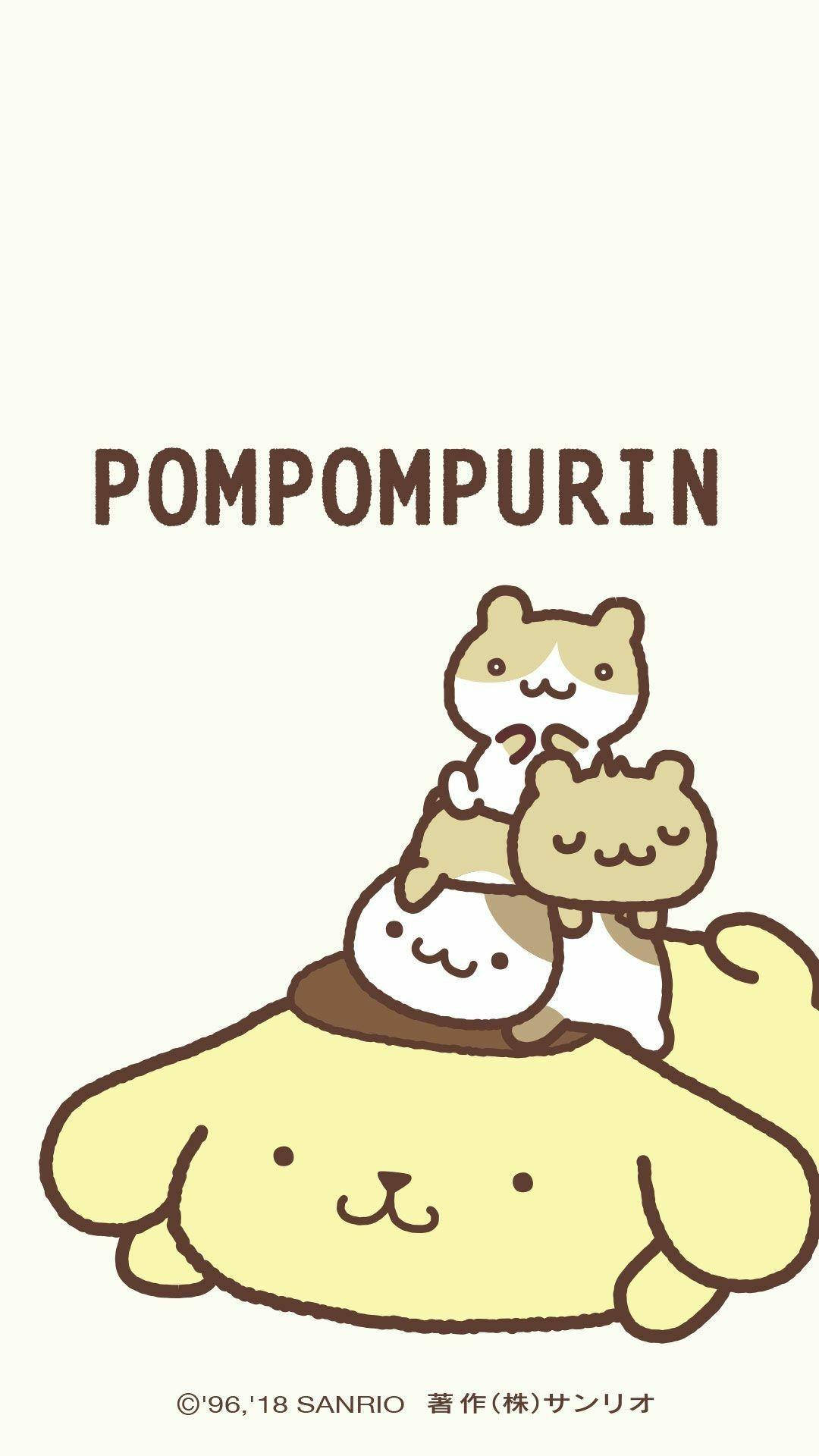 Cute Cartoon Dog 桌布 壁紙 — 三個可愛的 Sanrio 角色頑皮地堆疊在一隻大黃狗上，帶有簡單的棕色輪廓和柔和的米色背景。