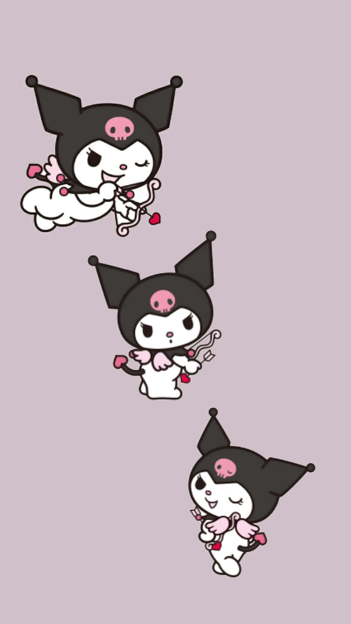sanrio 桌布 壁紙 — 三個可愛的Kuromi角色以天使姿勢帶著心形和翅膀漂浮在柔和的薰衣草背景上。