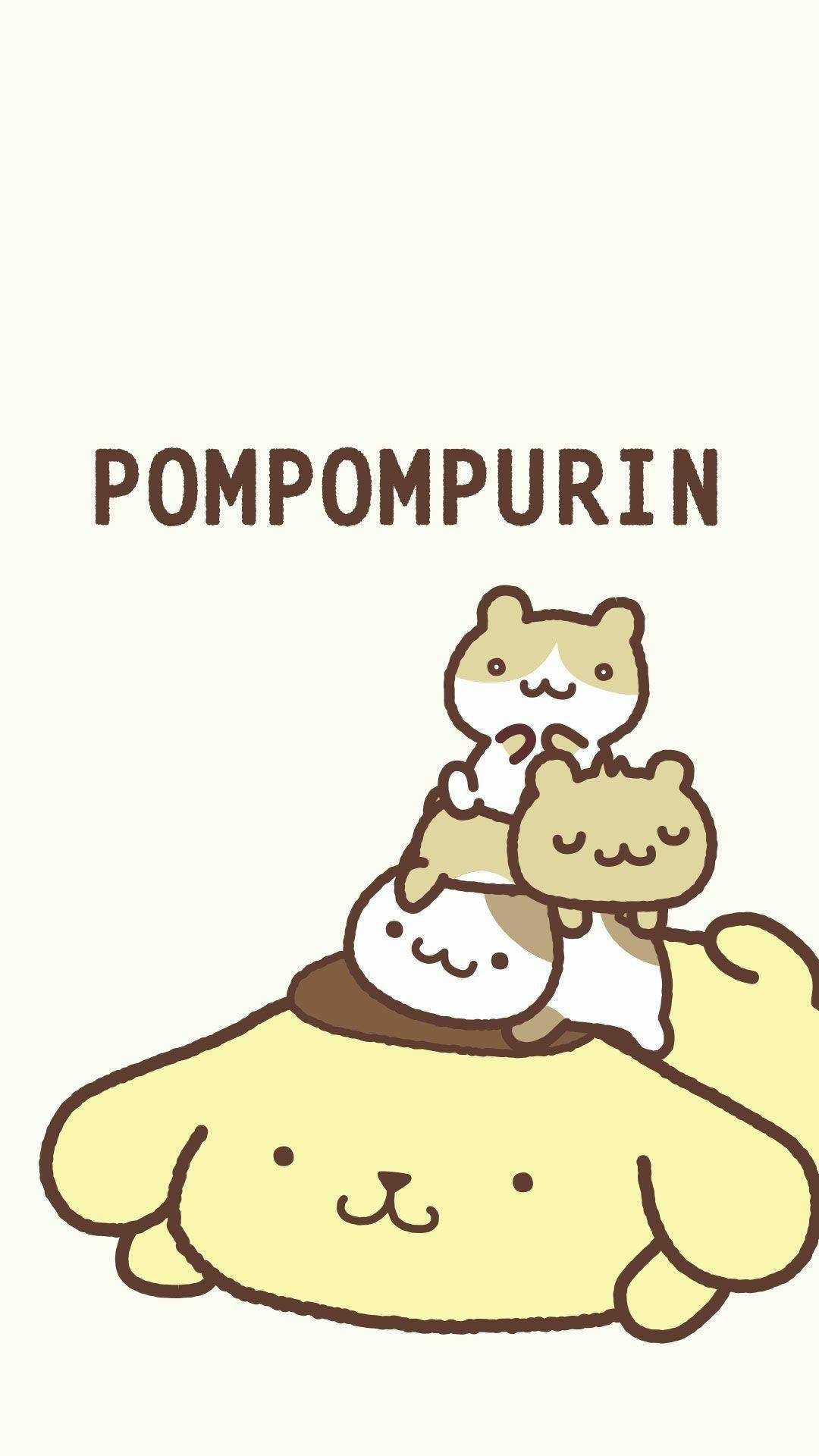布丁狗 桌布 壁紙 — 三個可愛的Pompompurin角色頑皮地疊在一隻大黃狗上，背景是柔和的奶油色。