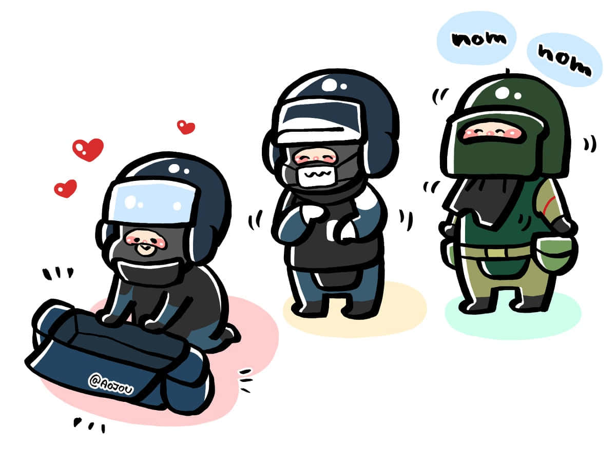 Rainbow Six Siege Rook 桌布 壁紙 — 三個可愛的Q版防暴警察，戴著頭盔，有心形和『nom nom』對話氣泡。