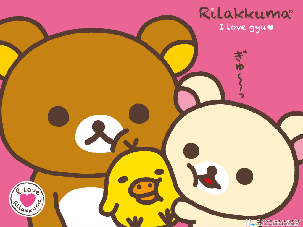 懶懶熊 桌布 壁紙 — 三個可愛的Rilakkuma角色：一隻棕熊、一隻奶油熊和一隻黃色小雞在粉紅色背景上擁抱。