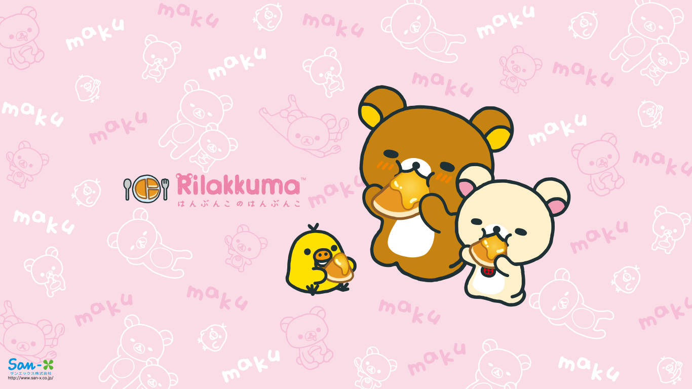 懶懶熊 桌布 壁紙 — 三個可愛的Rilakkuma角色在粉紅色背景上開心吃糕點，背景有重複的熊輪廓。