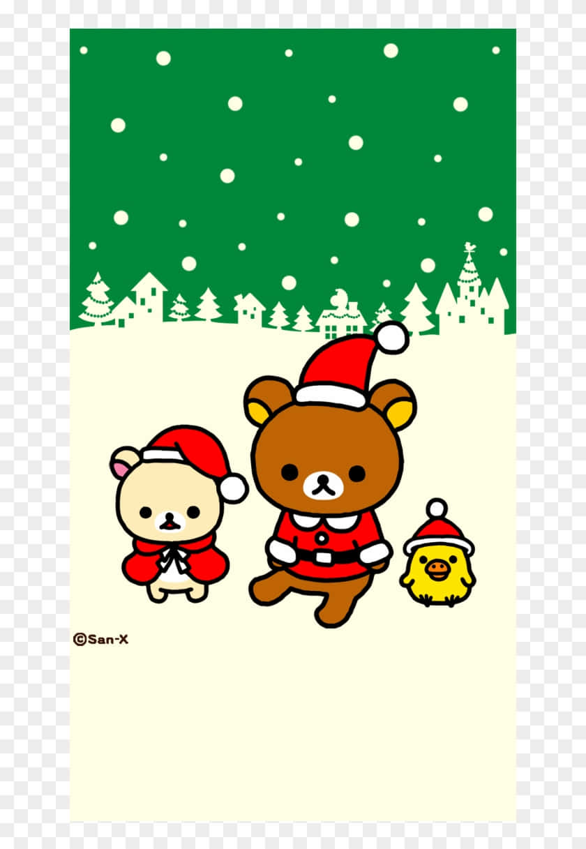 桌布 壁紙 — 三個可愛的San-X角色戴著聖誕帽，站在雪白的冬季風景中，雪花飄落，遠處有房屋。