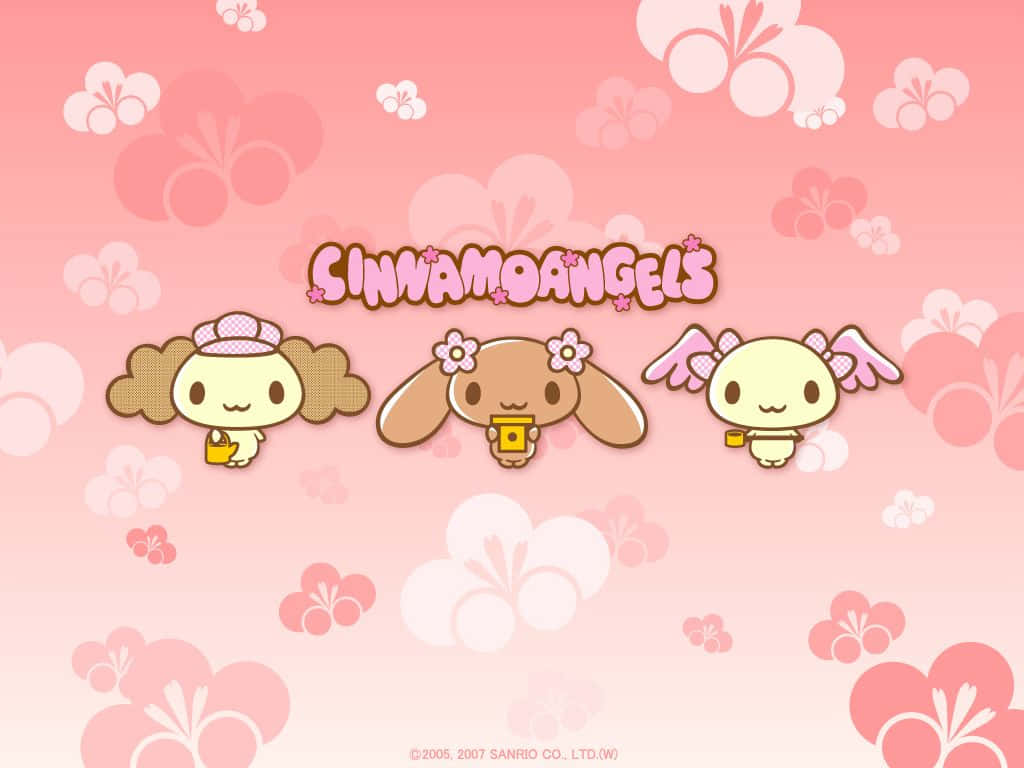 Cinnamoroll Laptop 桌布 壁紙 — 三個可愛的Sanrio角色，帶有翅膀和花朵，漂浮在帶有花卉圖案的柔和粉紅色背景上。