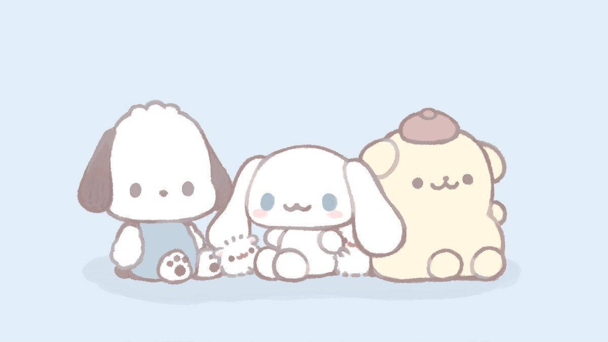 Pochacco 桌布 壁紙 — 三個可愛的Sanrio角色一起坐在柔和的淺藍色背景上，帶有柔和的陰影。