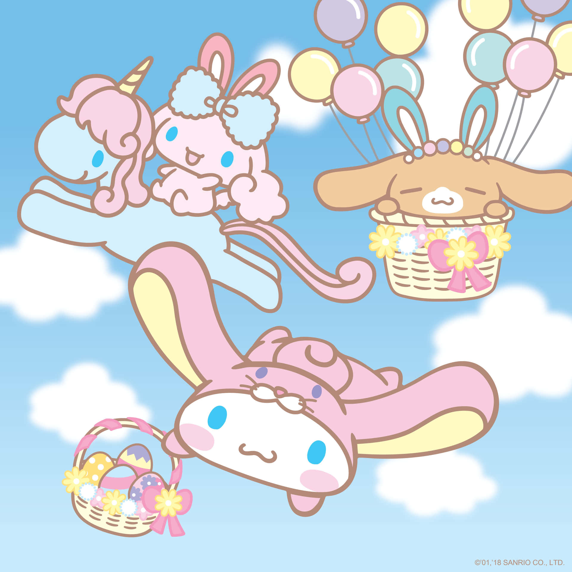 三個Sanrio角色在天空中漂浮，帶著復活節籃子和氣球。 — 三麗鷗角色 GIF 壁紙