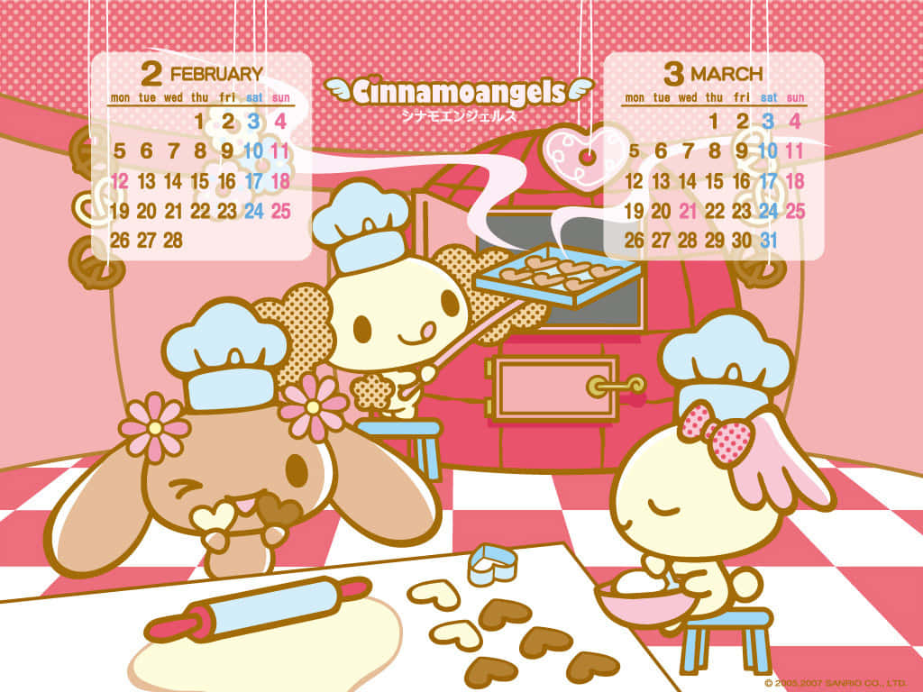 Cinnamoroll Laptop 桌布 壁紙 — 三個可愛的Sanrio角色戴著廚師帽在粉紅色格子廚房裡烤餅乾，並帶有日曆疊加層。