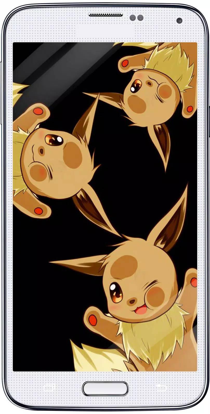 Eevee iPhone 桌布 壁紙 — 三個可愛的伊布角色以動漫風格在智慧型手機螢幕上漂浮在深色背景上。