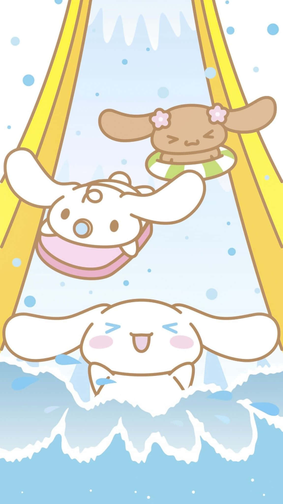 Cinnamoroll Sanrio 桌布 壁紙 — 三個可愛的兔子角色在白雪覆蓋的水滑梯上快樂地滑下，濺起藍色的水花和黃色的欄杆。