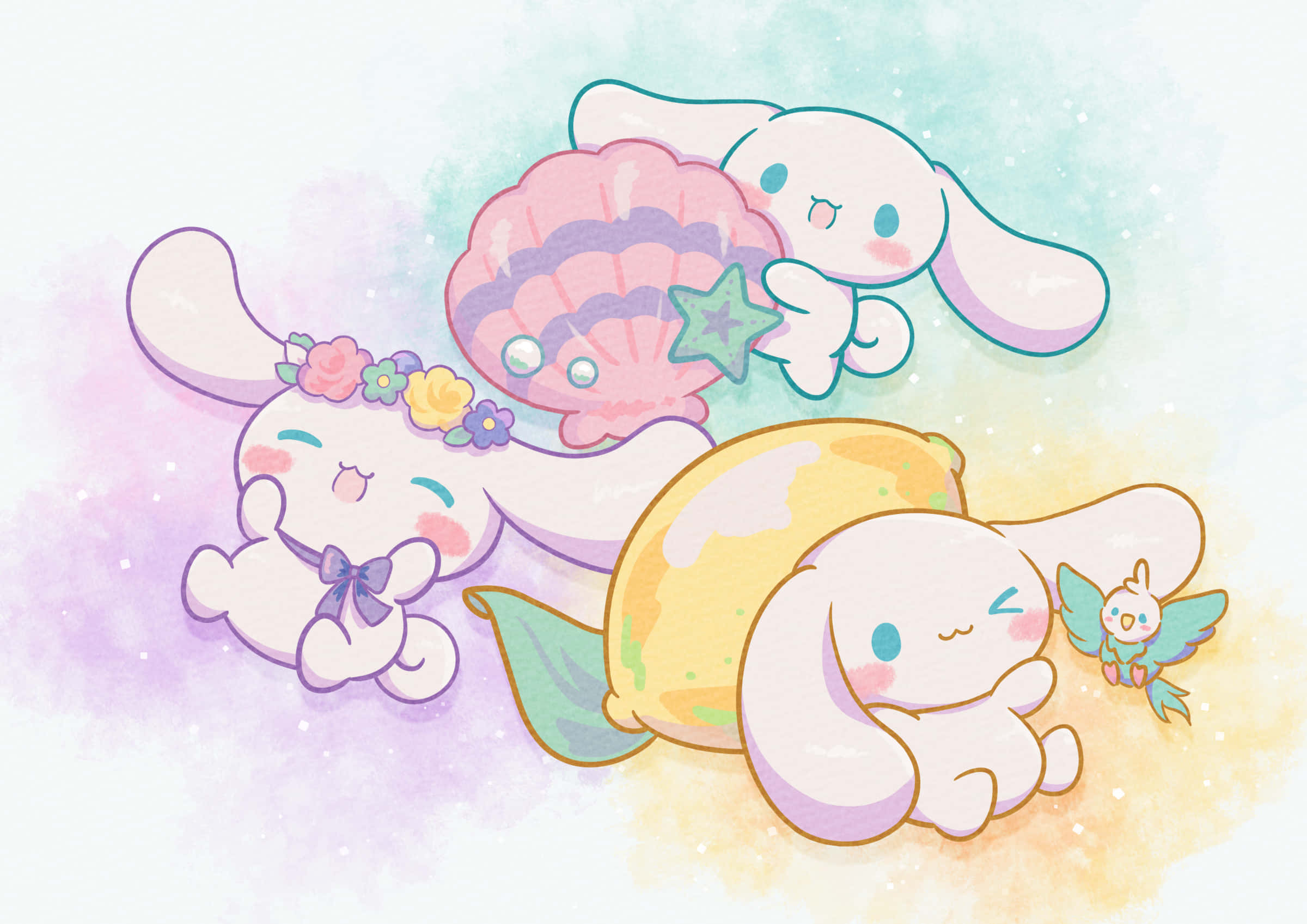 Cinnamoroll Laptop 桌布 壁紙 — 三個可愛的兔子角色在粉彩漸變的天空中漂浮，拿著一個貝殼、一個檸檬和一隻小鳥。