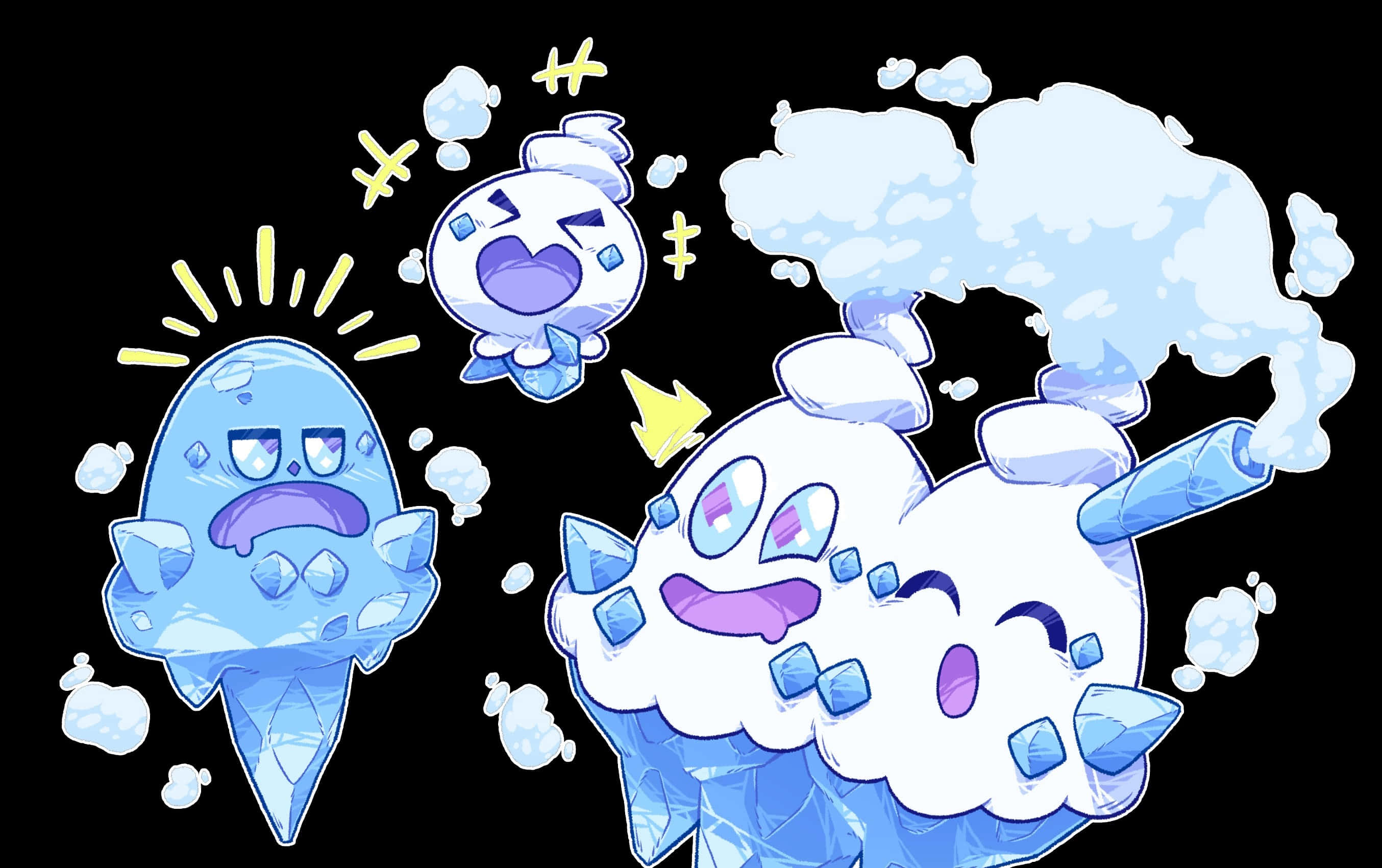 Vanillite 桌布 壁紙 — 三個可愛的冰主題卡通角色，帶有水晶裝飾和表情豐富的臉孔，漂浮在黑色背景上。