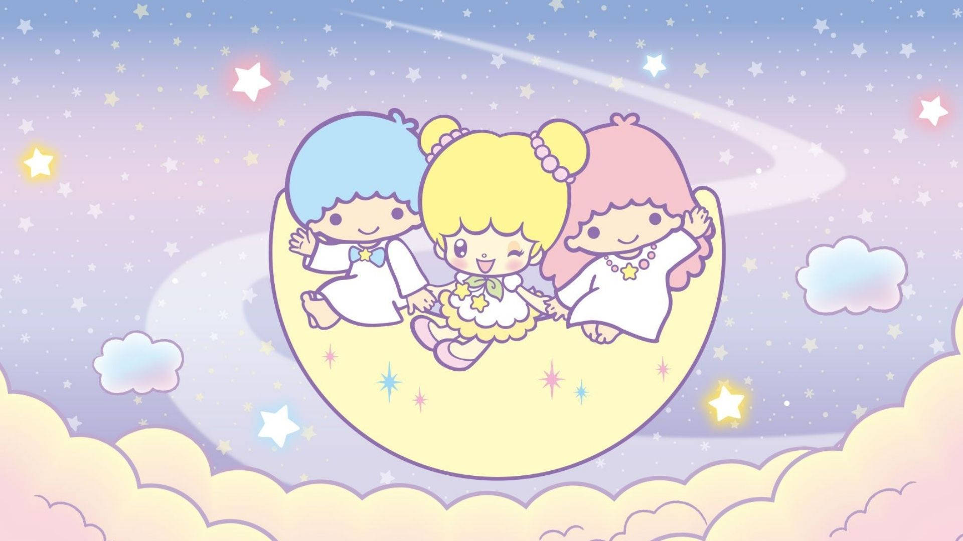 Twin 桌布 壁紙 — 三個可愛的動漫女孩，分別有藍色、黃色和粉紅色的頭髮，一起坐在被星星和雲朵環繞的彎月上，背景是粉彩天空。