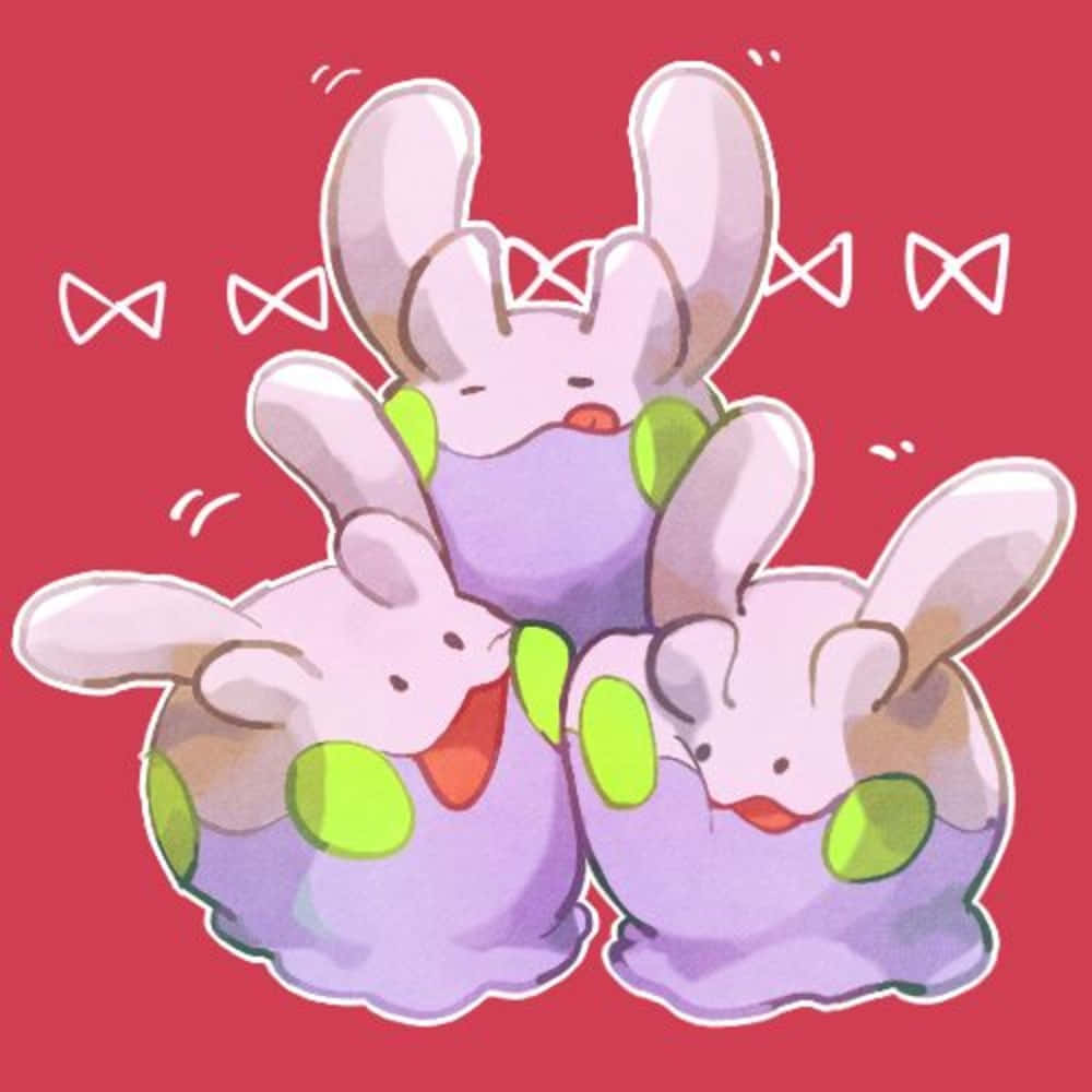 Pokemon Aesthetic 桌布 壁紙 — 三個可愛的動漫風格Buneary角色在純紅色背景上依偎在一起，帶有白色蝴蝶結輪廓。