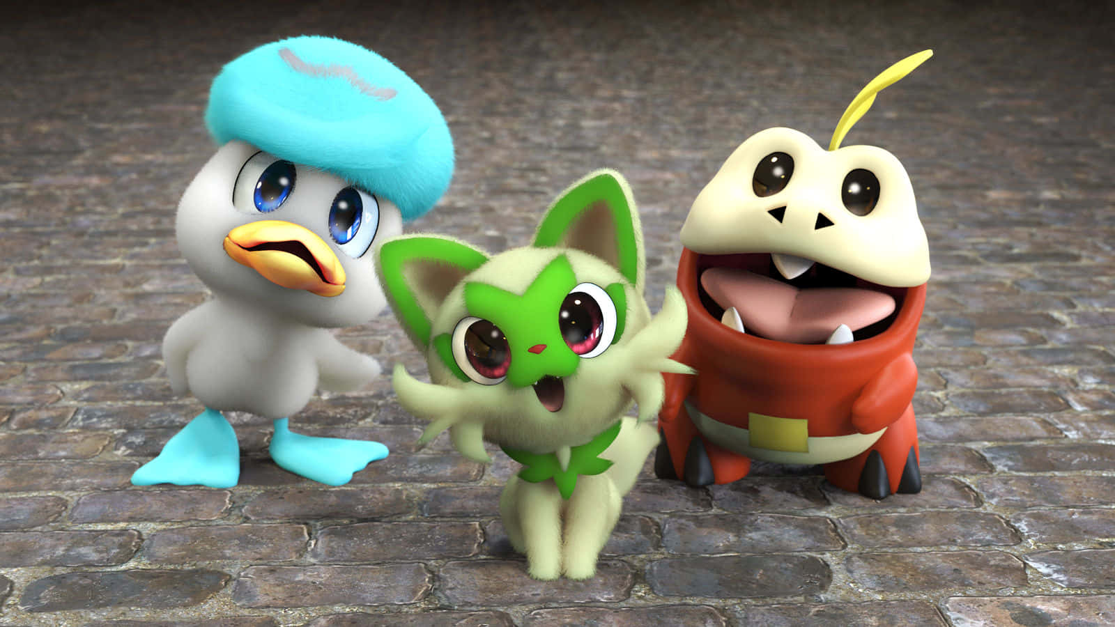 Pokemon Toys 桌布 壁紙 — 三個可愛的動漫風格寶可夢角色一起站在石路上，眼睛睜得大大的。