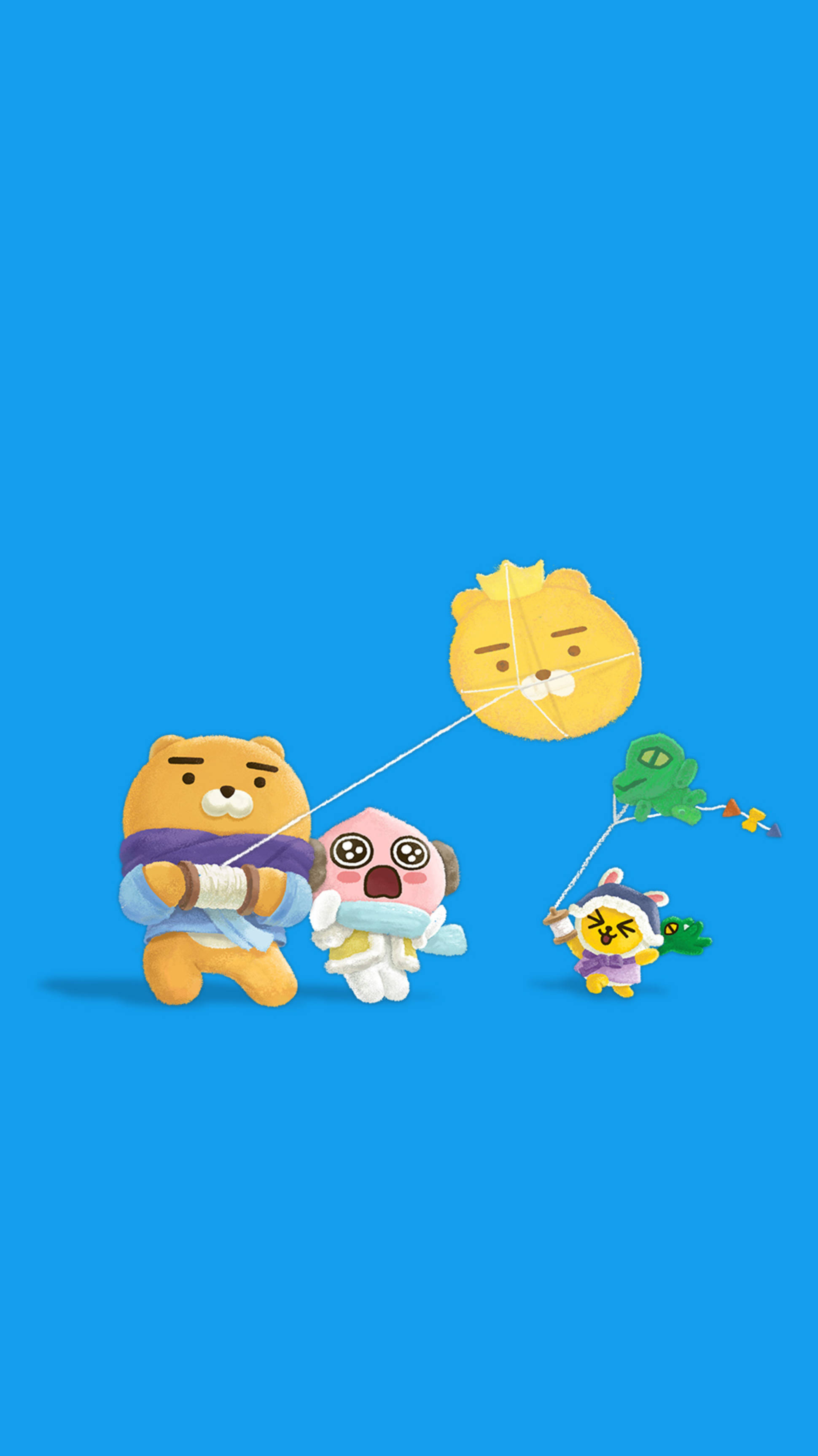 Kakao 桌布 壁紙 — 三個可愛的卡通人物在純藍色背景上放風箏，表情俏皮。