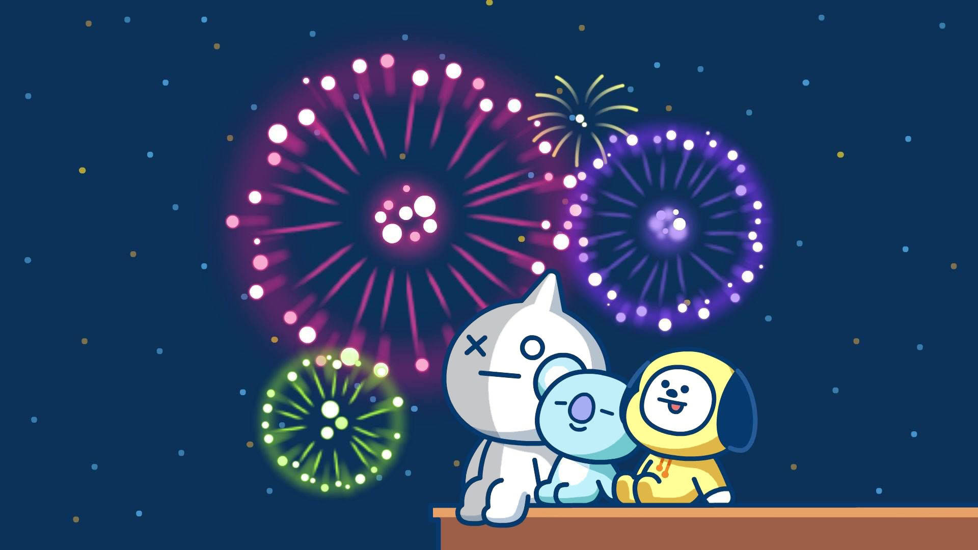 van bt21 桌布 壁紙 — 三個可愛的卡通人物在繁星點點的夜空下觀看五彩繽紛的煙火綻放。