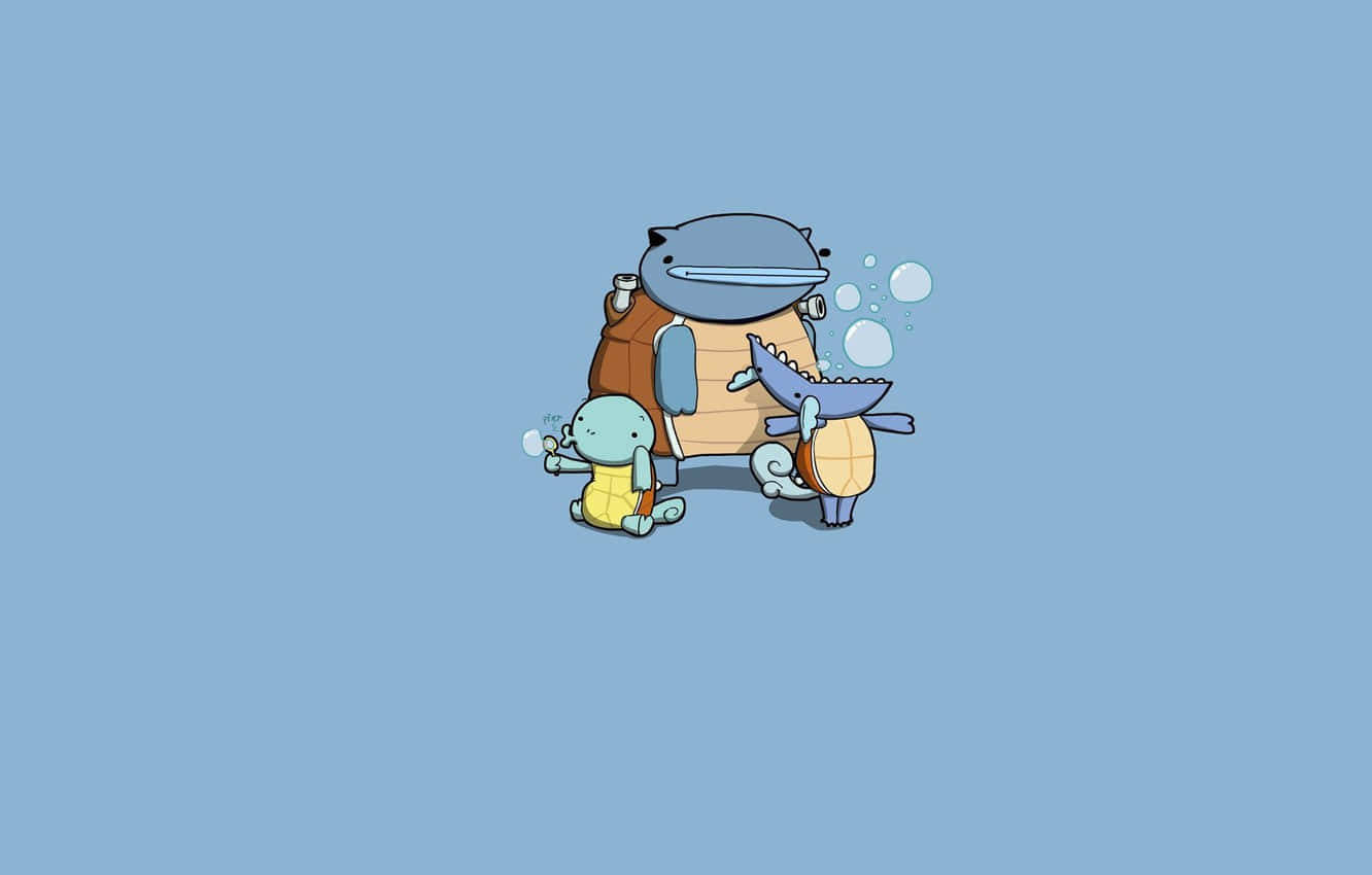 Squirtle 桌布 壁紙 — 三個可愛的卡通寶可夢角色在純藍色背景下一同泡泡泡浴。
