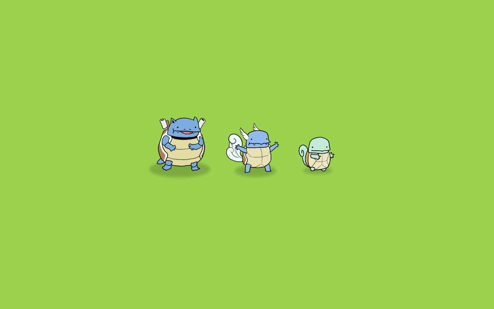 Squirtle 桌布 壁紙 — 三個可愛的卡通寶可夢角色排成一排，背景是純綠色。