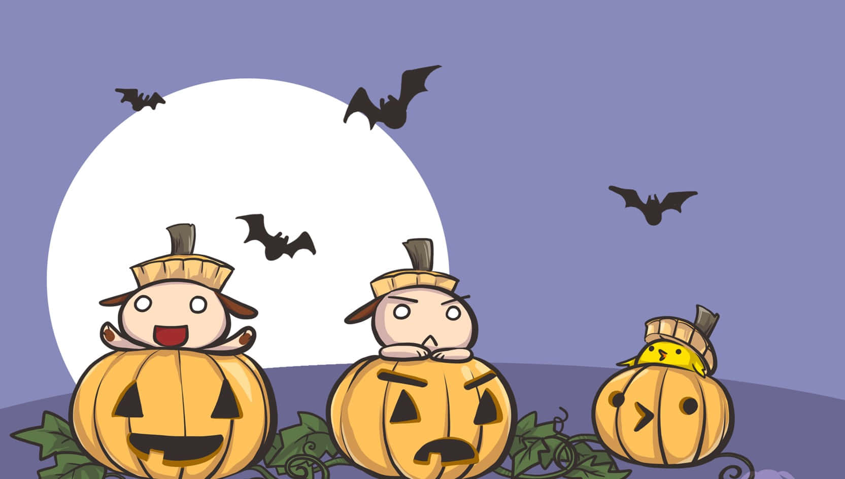 Jack O Lantern 桌布 壁紙 — 三個可愛的卡通小孩在滿月下從南瓜燈籠中探出頭來，蝙蝠飛舞。