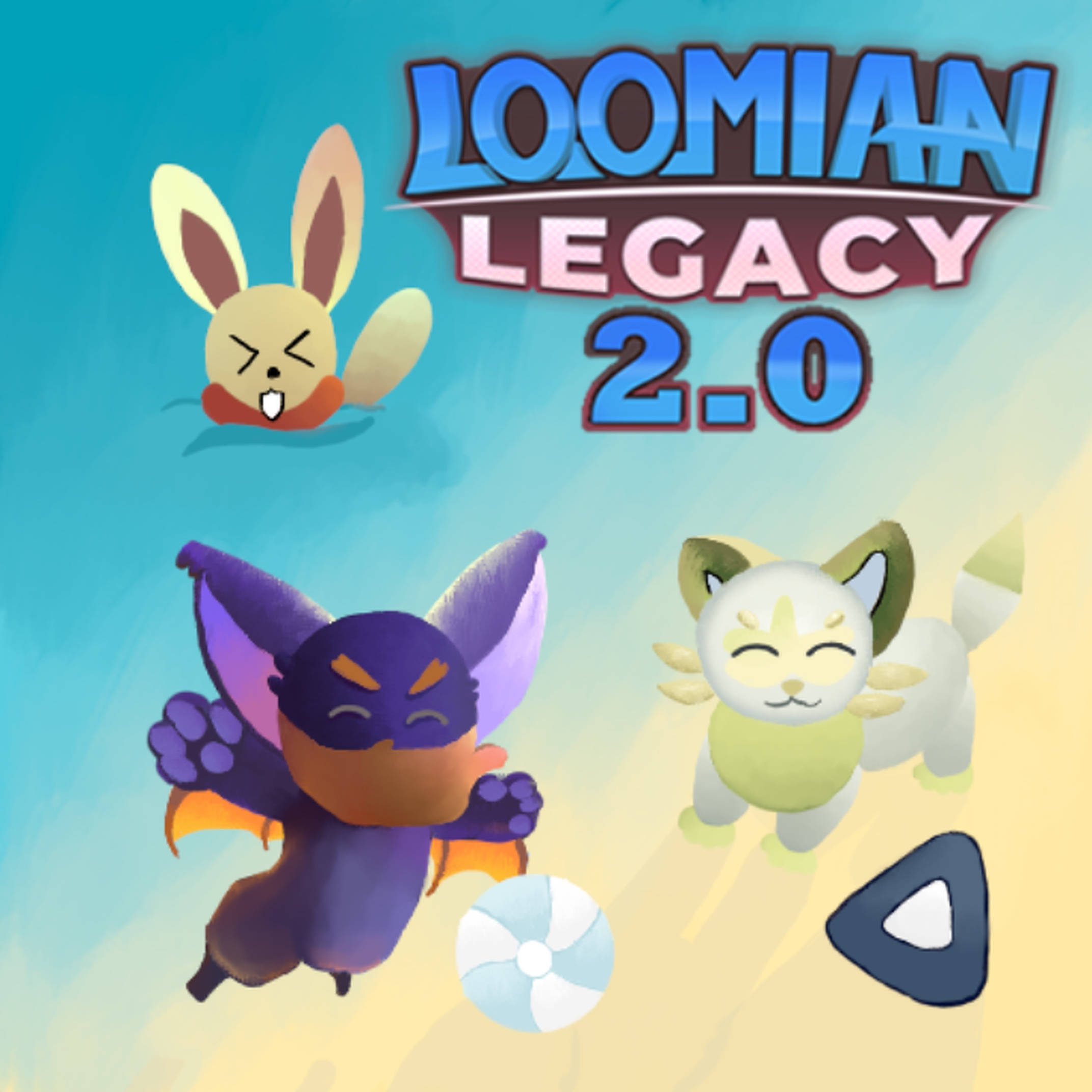 loomian legacy 桌布 壁紙 — 三個可愛的卡通生物在漸變天空下快樂地漂浮，遊戲標題 Loomian Legacy 2.0 顯眼地展示。