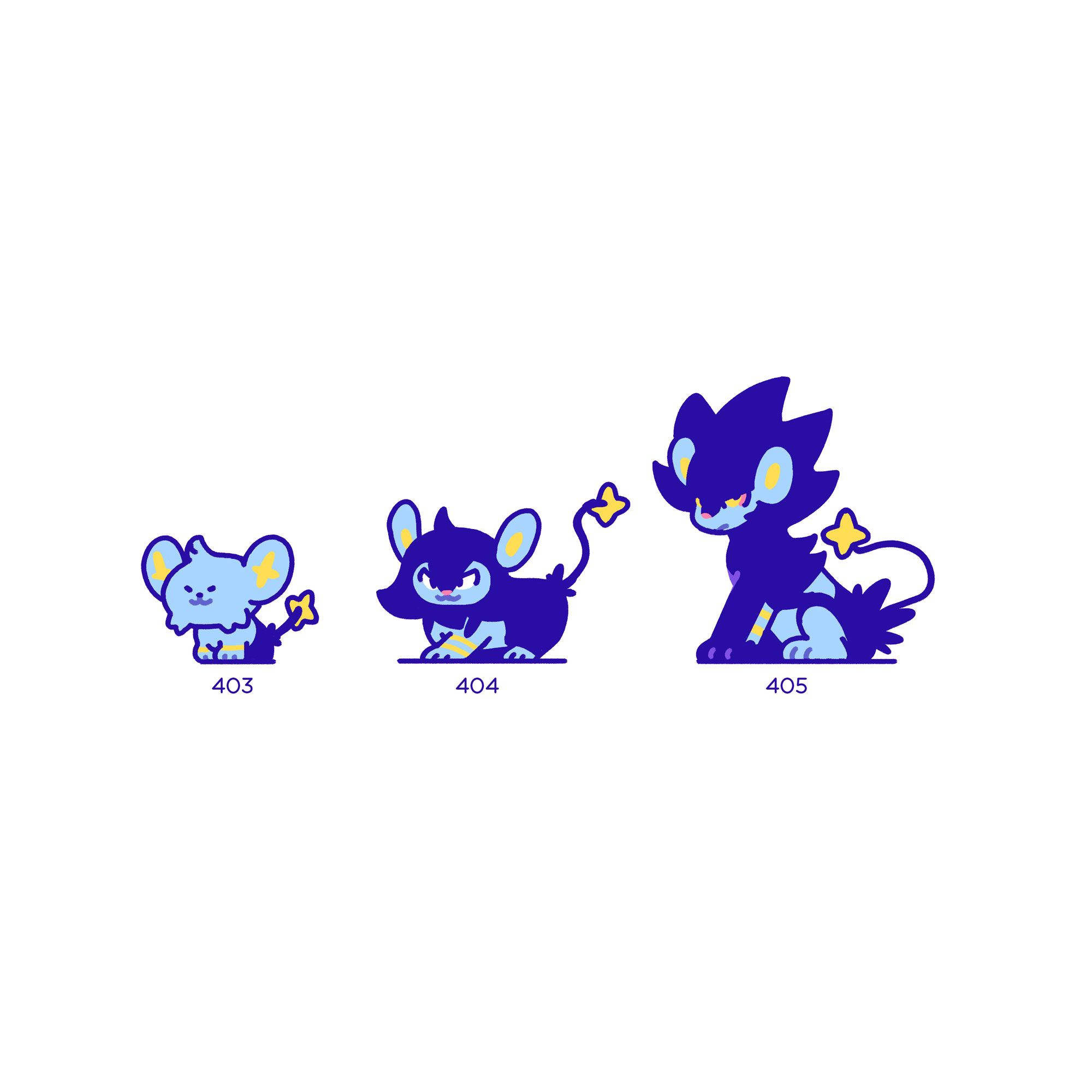 Shinx 桌布 壁紙 — 三個可愛的卡通老鼠狀生物，藍色和黃色，從小到大進化，帶有星星點綴。