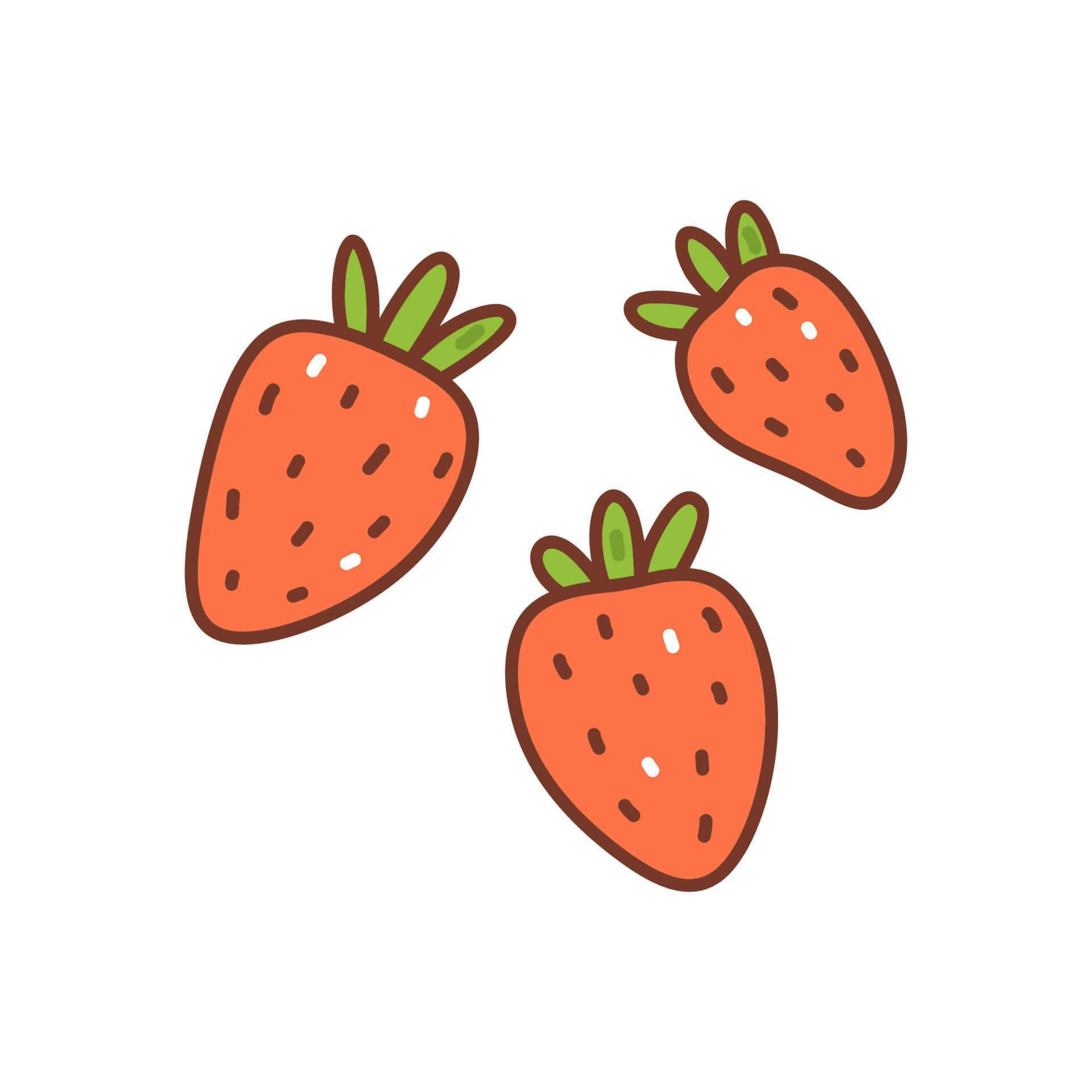Cute Strawberry 桌布 壁紙 — 三個可愛的卡通草莓，帶有綠色頂部和棕色輪廓，漂浮在純白色背景上。