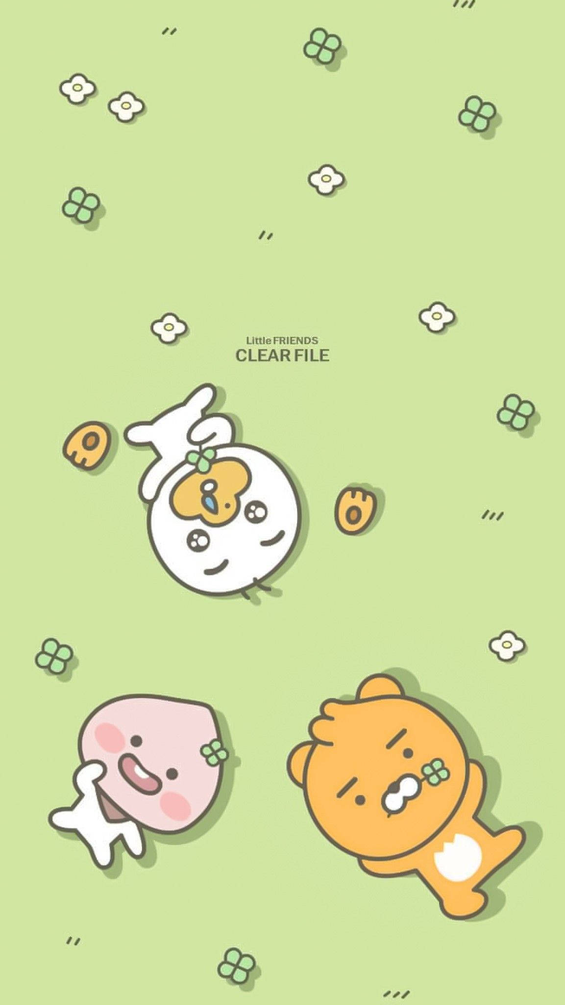 摯友 桌布 壁紙 — 三個可愛的卡通角色在點綴著小花的柔和綠色背景上頑皮地漂浮。