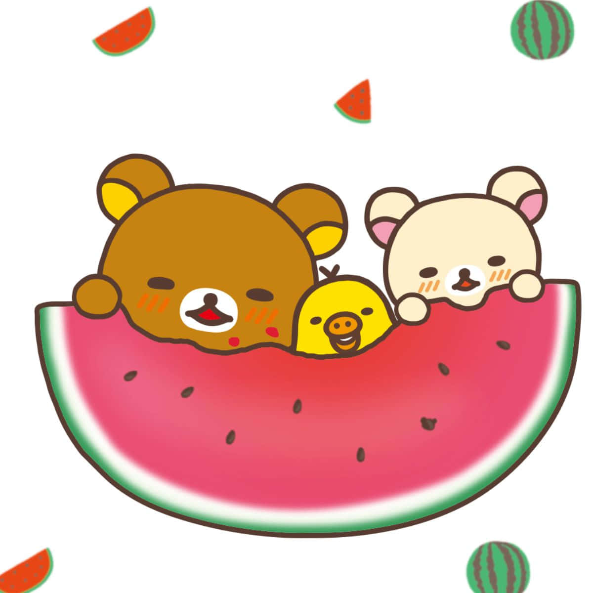 懶懶熊 桌布 壁紙 — 三個可愛的卡通角色從一個巨大的西瓜切片中探出頭來，周圍有漂浮的切片和完整的西瓜。