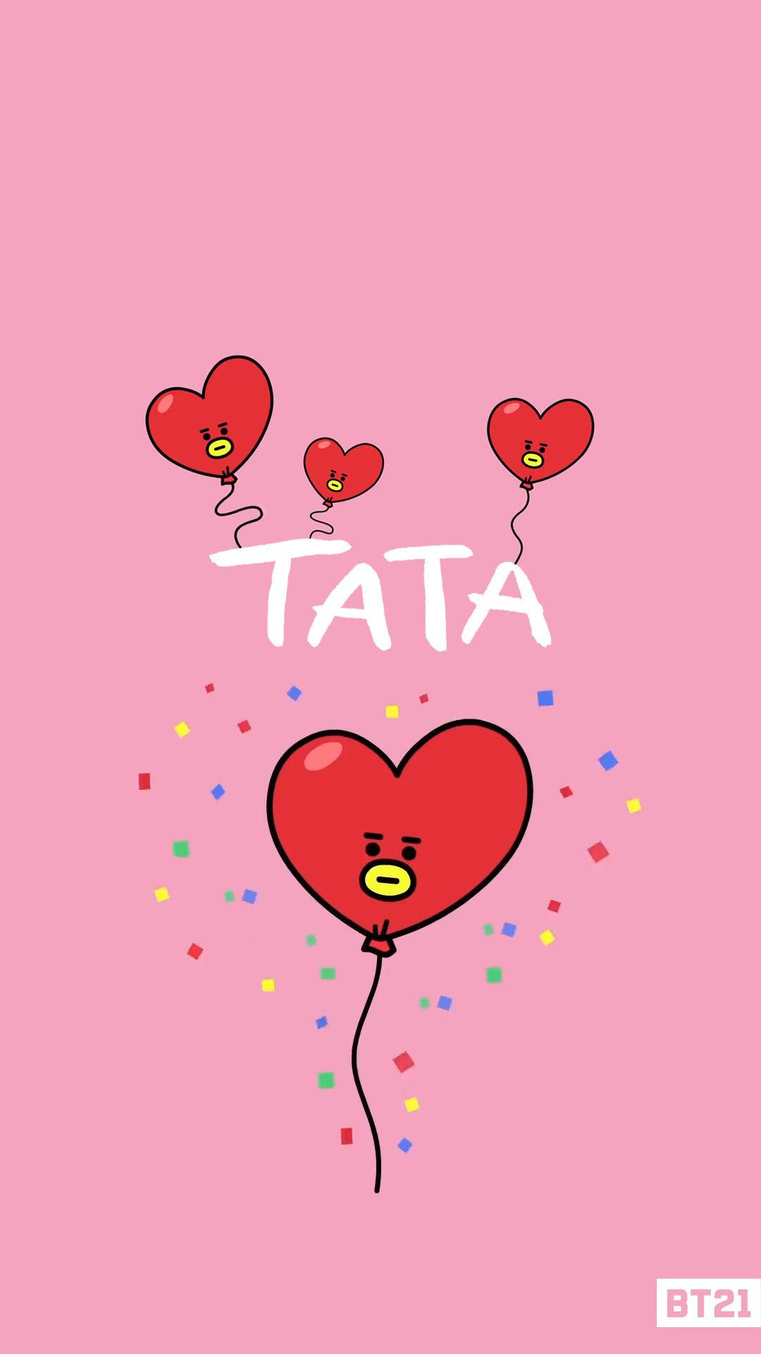 塔塔 BT21 桌布 壁紙 — 三個可愛的心形氣球帶有表情，漂浮在「TATA」字樣上方，同時一個大型心形氣球伴隨著五彩紙屑在柔和的粉紅色背景中下降。
