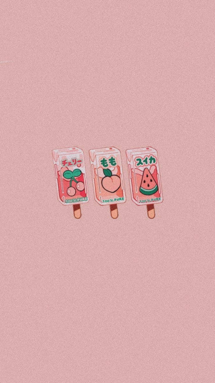 三個日式水果冰棒插圖在粉紅色背景上。 — 柔和美學 GIF 壁紙