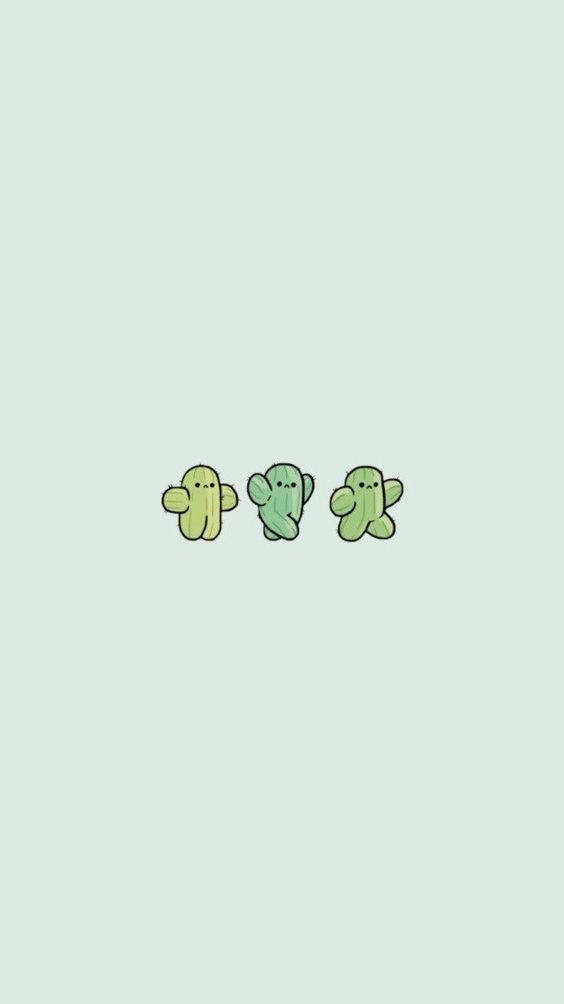 Cactus 桌布 壁紙 — 三個可愛的極簡仙人掌角色，帶有簡單的表情，並排站在柔和的薄荷綠色背景上。