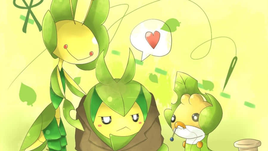 電玩遊戲 桌布 壁紙 — 三個可愛的樹葉寶可夢角色，表情豐富，心形漂浮在明亮的黃色背景上。