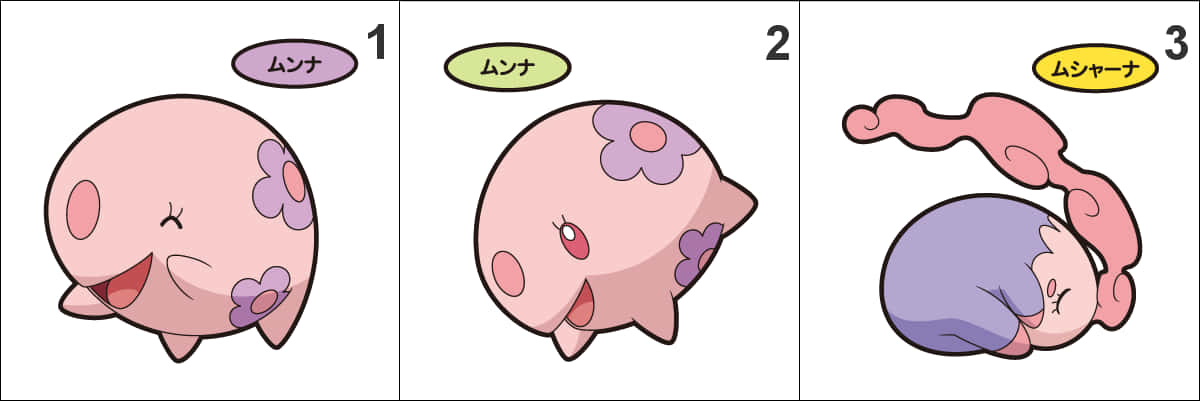 藝術 桌布 壁紙 — 三個可愛的粉紅色 Pokémon 角色排成一排，展示不同的表情和形態。