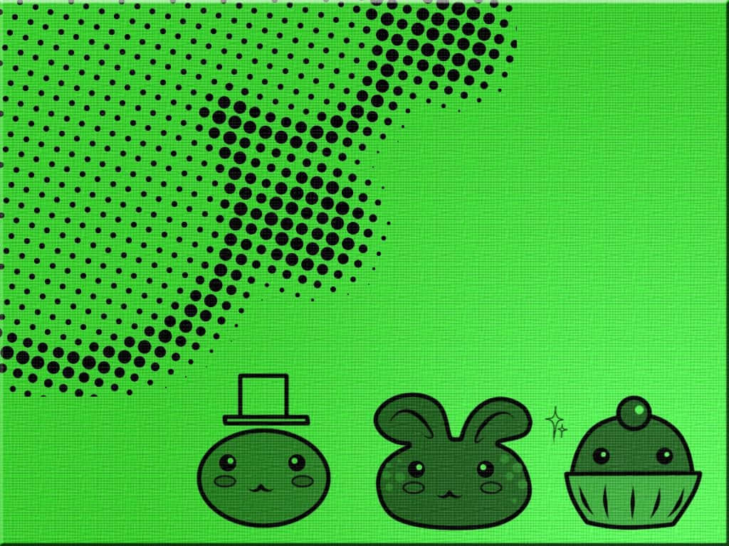 Cute Green 桌布 壁紙 — 三個可愛的綠色卡通角色，臉部簡單，坐在帶有黑色半色調圓點的亮綠色背景上。