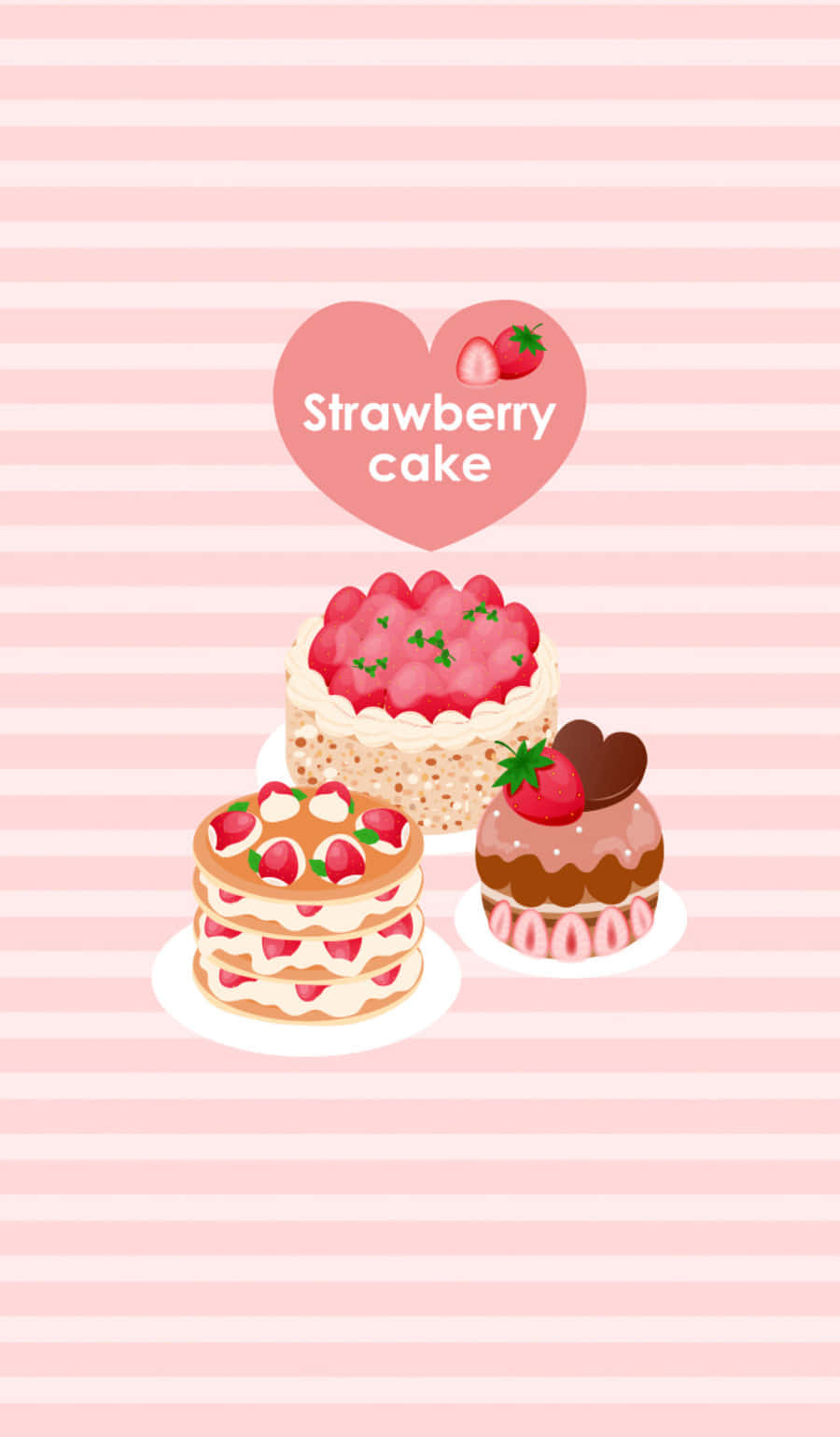 Kawaii Dessert 桌布 壁紙 — 三個可愛的草莓蛋糕放在白色盤子上，背景是柔和的粉紅色條紋，上方有一個心形標誌。