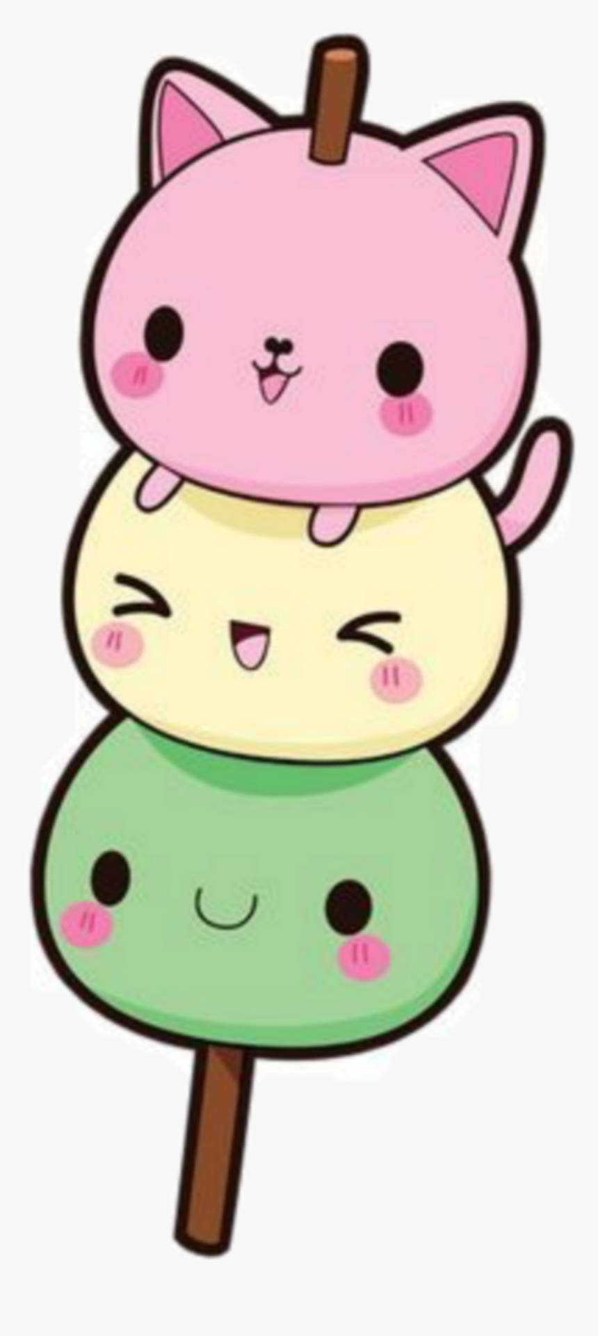 Kawaii Cute Animals 桌布 壁紙 — 三個可愛貓臉疊在串上，像有粉紅、黃、綠層的糰子甜點。