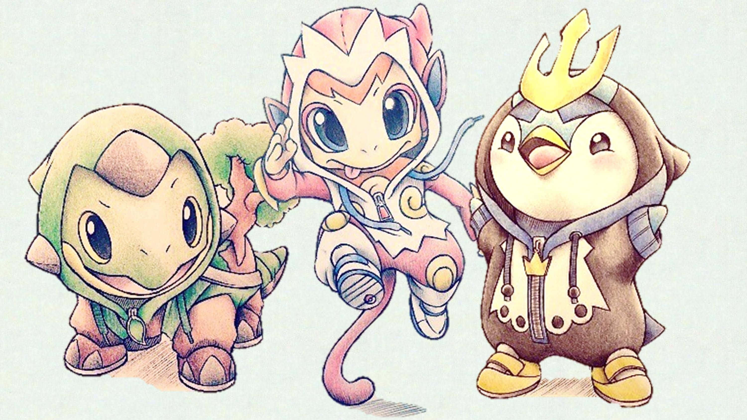 Pokemon Fan Art 桌布 壁紙 — 三個可愛風格的寶可夢角色穿著色彩繽紛的服裝，在純色背景前開心地擺姿勢。