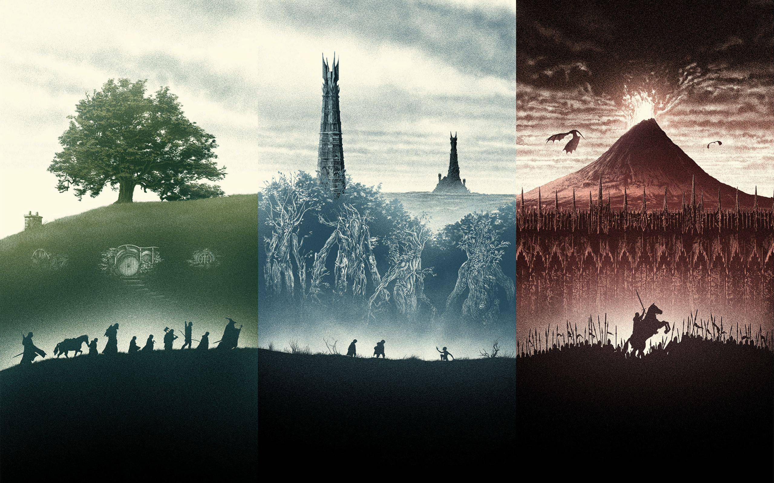 Lotr 桌布 壁紙 — 三個史詩奇幻場景：孤樹下的旅人、迷霧中的險惡塔樓，以及火山天空下的山丘騎士。