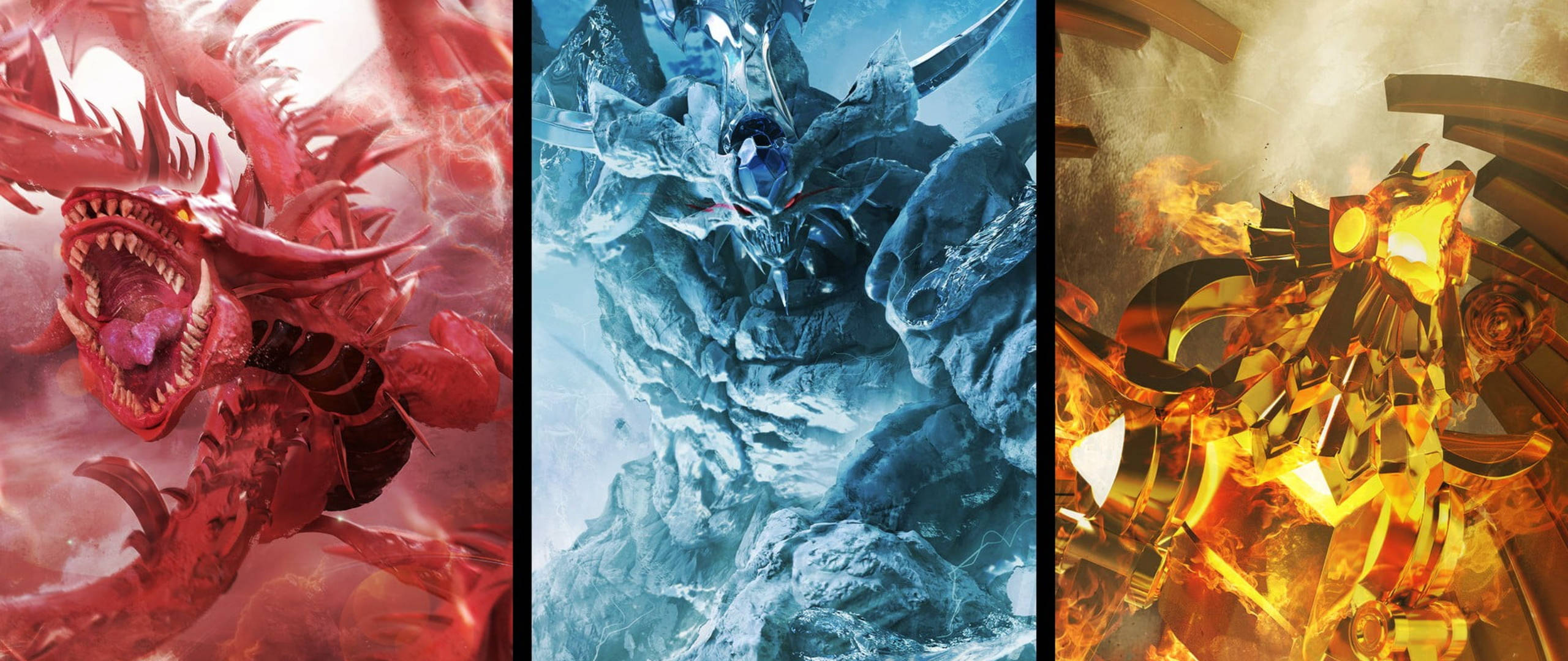 Yugioh 桌布 壁紙 — 三個史詩奇幻生物：火紅巨龍、冰藍巨龍和金色裝甲野獸，每個都散發著元素力量。