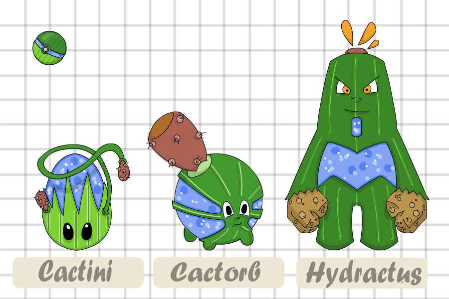 綠洲 桌布 壁紙 — 三個名為 Cactini、Cactorb 和 Hydractus 的卡通仙人掌寶可夢角色站在黑色背景前，下方標有他們的名字。