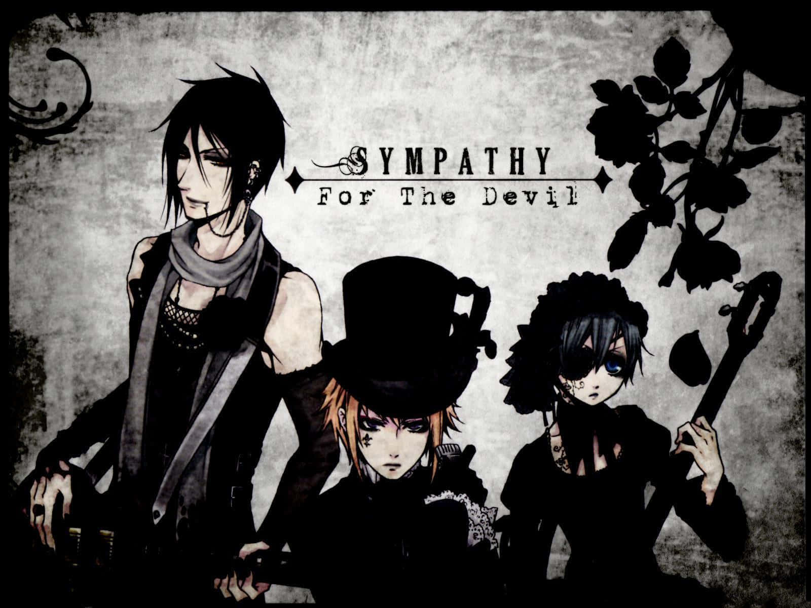 Black Butler 桌布 壁紙 — 三個哥德式動漫角色，穿著深色服裝，表情戲劇化，站在帶有玫瑰剪影和文字「Sympathy For The Devil」的紋理灰色背景前。