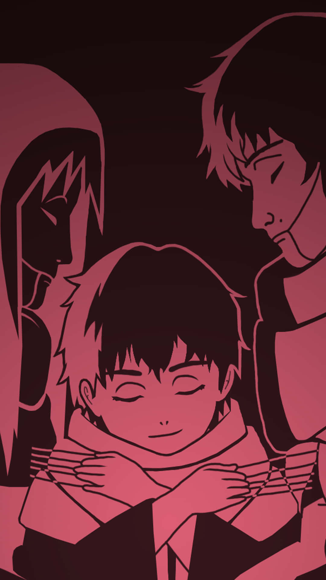 Sad Crying Anime 桌布 壁紙 — 三個單色粉紅色的動漫角色在深色背景下溫暖地擁抱。