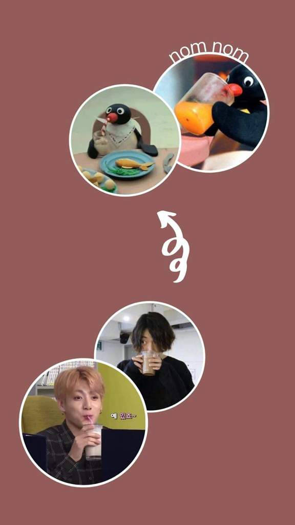 Pingu 桌布 壁紙 — 三個圓形框架展示一隻毛絨企鵝正在進食，以及兩個人在飲用飲品，背景為純淡紫色。