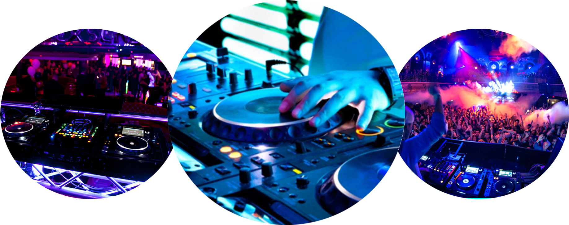 DJ 桌布 壁紙 — 三個圓形視角捕捉到一位DJ在霓虹燈下打碟，人群在充滿活力的夜總會中跳舞。