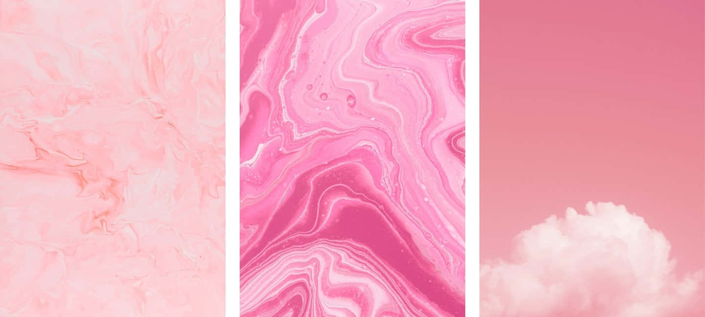 Aesthetic Baby Pink 桌布 壁紙 — 三個垂直面板展示柔軟的粉紅色大理石紋理和蓬鬆的雲朵，背景為漸變天空。